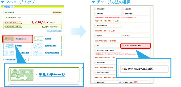 イメージ【デルカにログインして、マイページよりデルカチャージのページを開く】